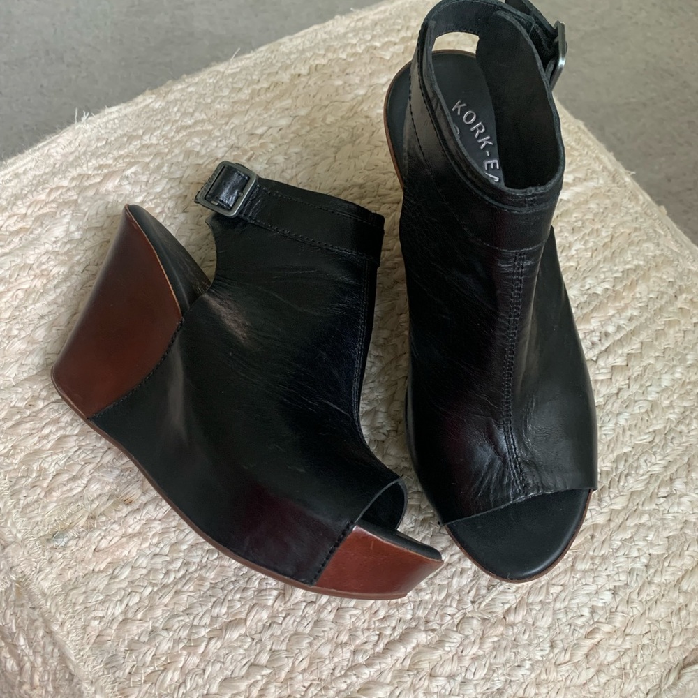Kork-Ease Black Leather Wedges with Brown Accents